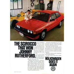 1981 VW Volkswagen Scirocco Vintage Print Ad Indy 500 Johnny Rutherford Wall Art